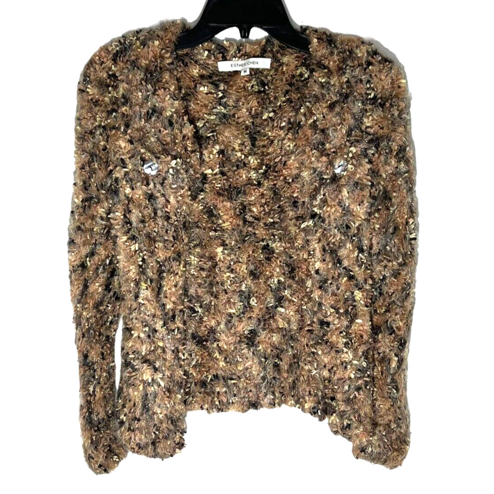 Esther Chen Womens Size M Cardigan Sweater Pockets Stretch Knot Knit 3D Shaggy
